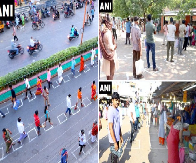 आंध्र प्रदेश में सब्जियों की दुकान के पास लोगों ने सोशल डिस्टेंसिग मैंटन की