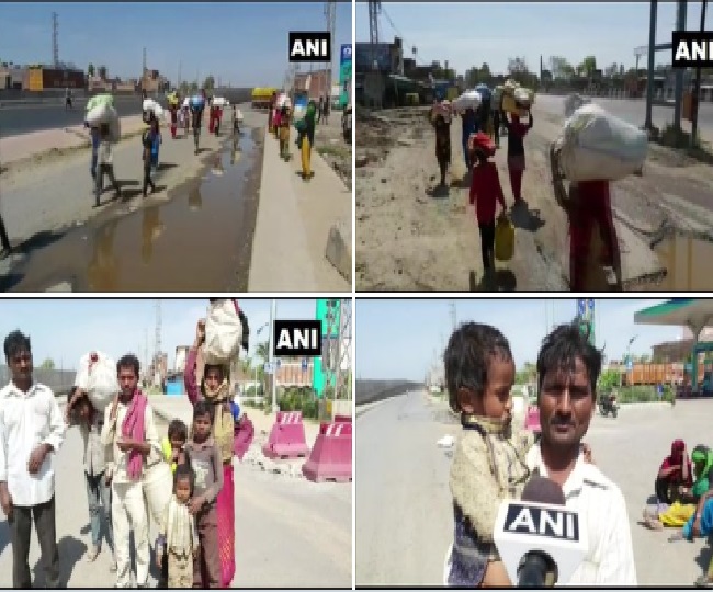 आगरा-कानपुर हाइवे पर अपने घर जाने के लिए वर्कर पैदल आए लोग