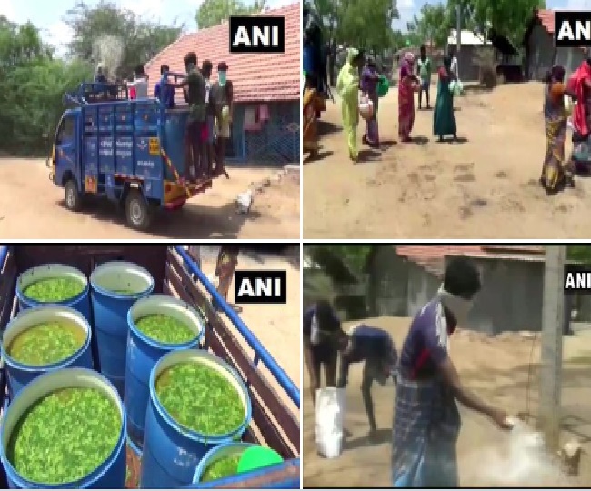 तमिलनाडु में नीम के पत्तों को पानी में मिला कर किया गया छिड़काव