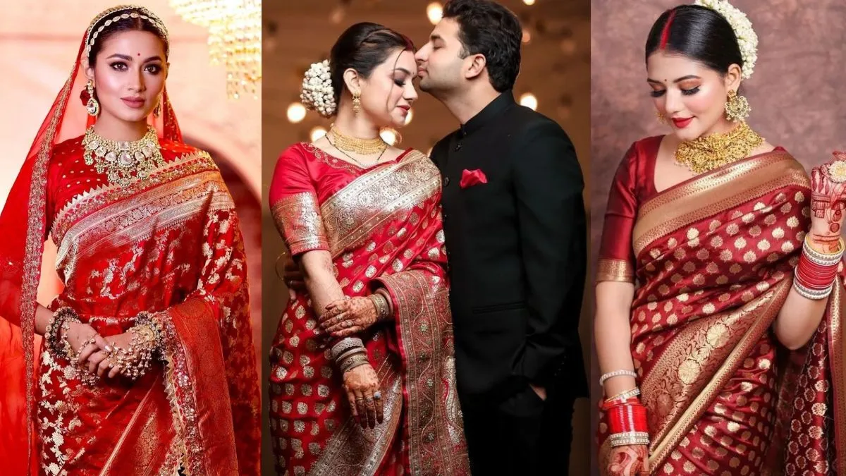 रिसेप्शन पार्टी के लिए रेड बनारसी साड़ी 