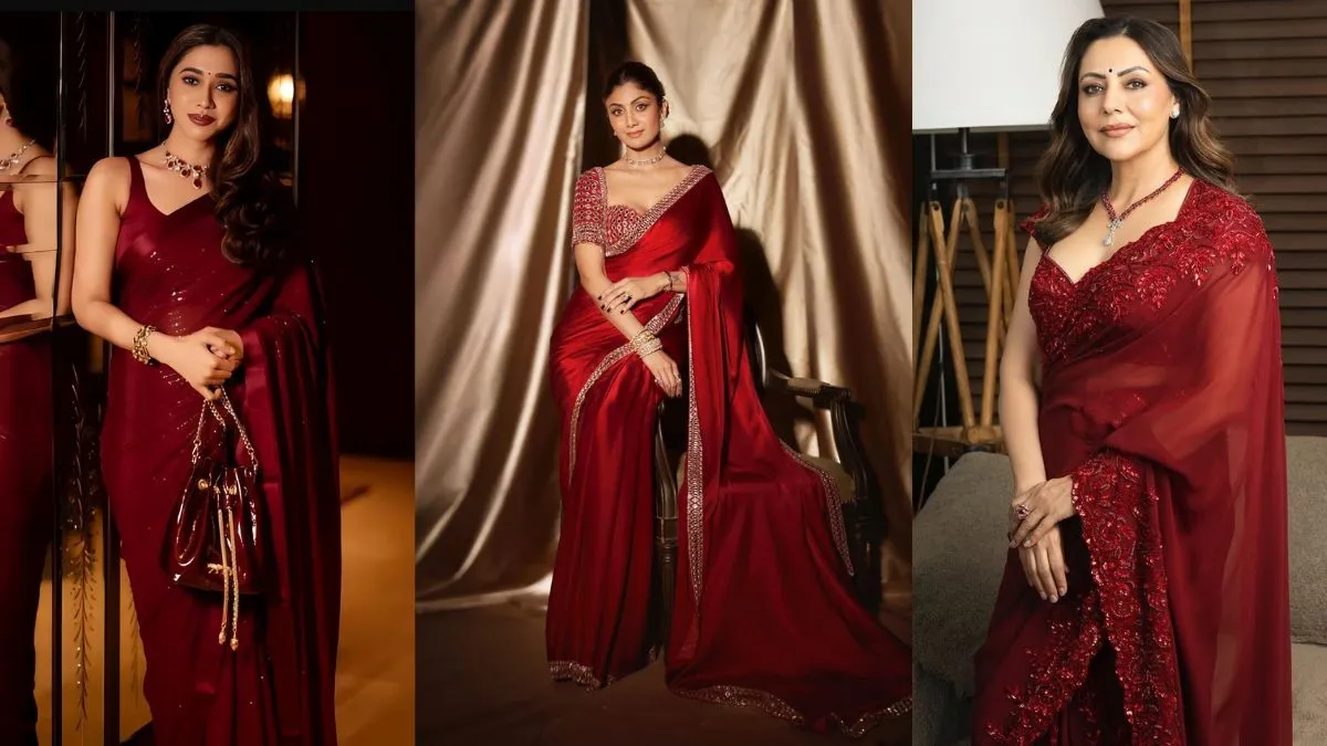 डिजाइनर मरून साड़ी पार्टी वियर