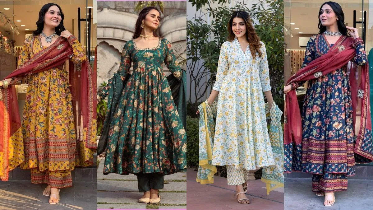 महिलाओं के लिए डिज़ाइनर फ्लोरल प्रिंट फ्रॉक सूट