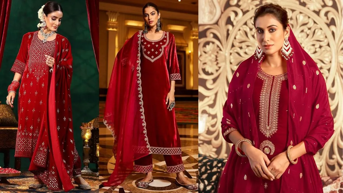 Makar Sankranti के लिए ट्रेंडी लाल वेलवेट सूट