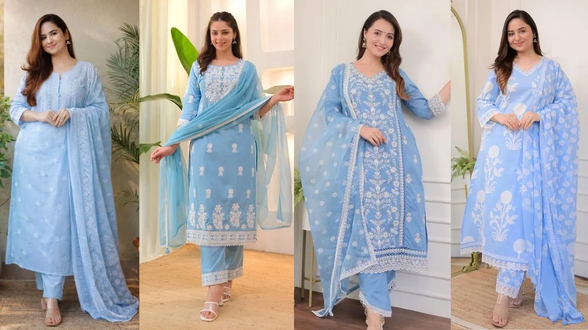 महिलाओं के लिए सुंदर आसमानी नीले रंग वाले सूट