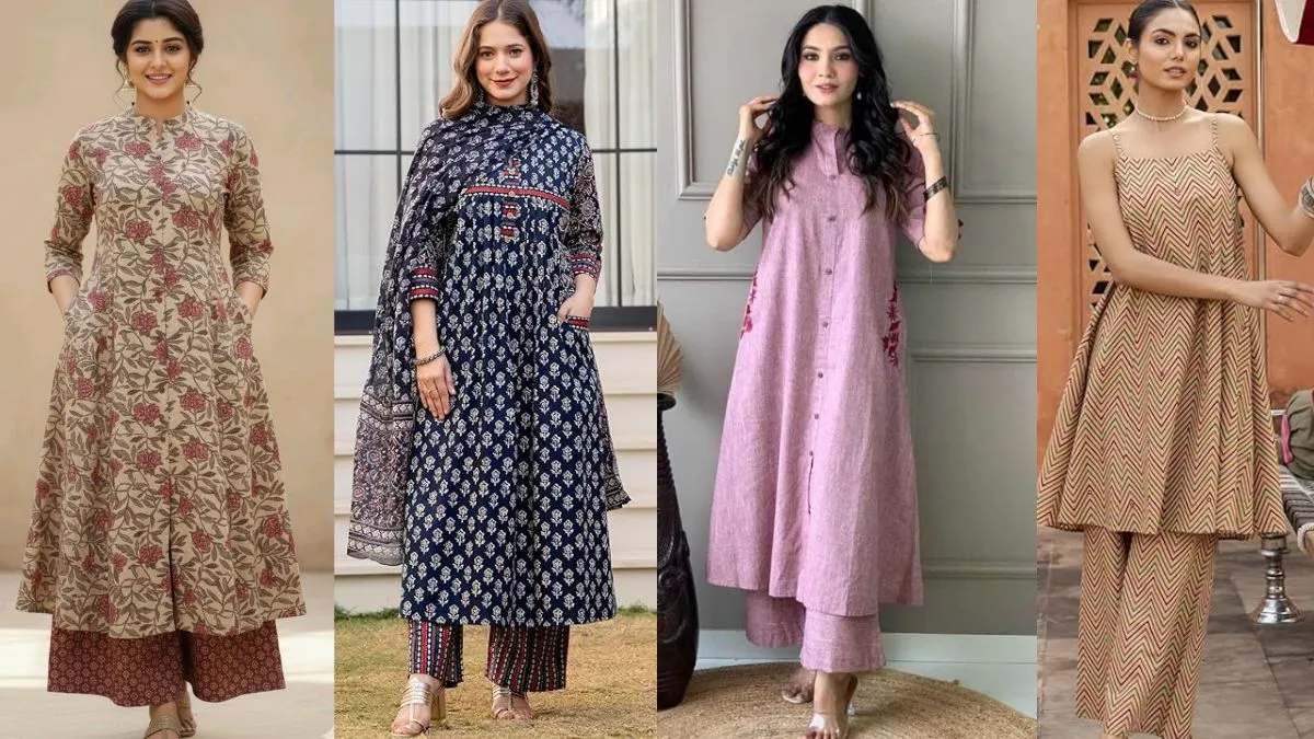 डेली वियर के लिए कॉटन A-लाइन कुर्ता सेट