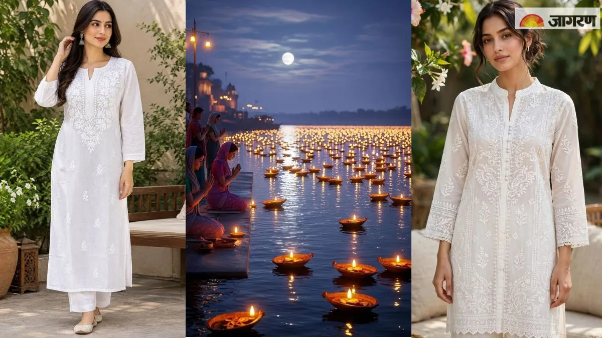 Sharad Purnima 2026 की पूजा के लिए सफेद चिकनकारी कुर्ती