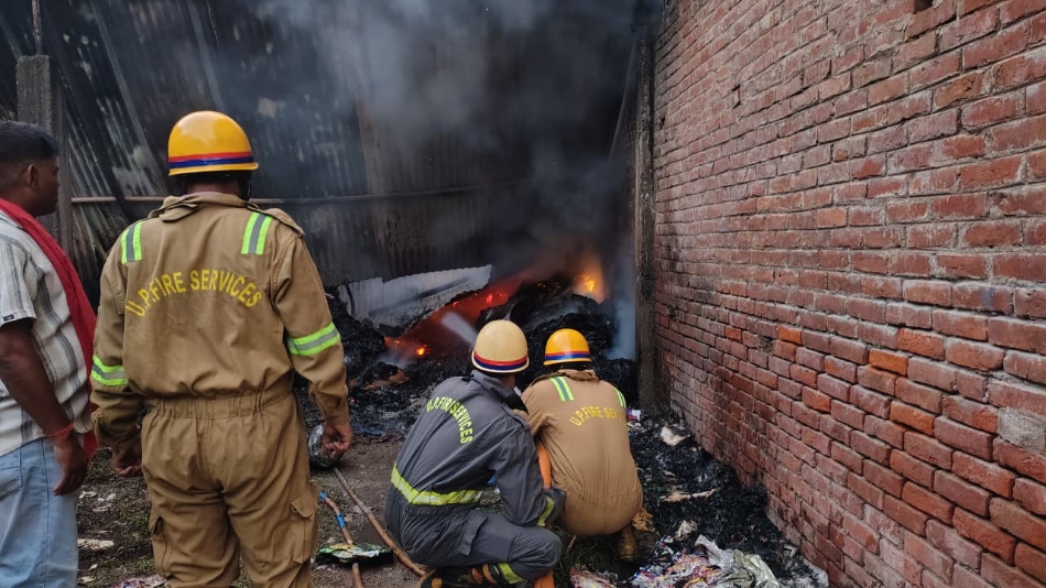 kanpur fire engulfs plastic drum warehouse in factory area