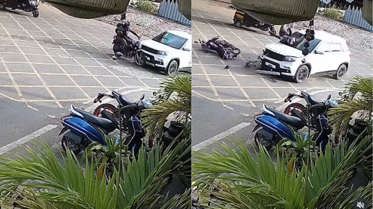 pimpri link road accident speeding biker collides with car helmet saves life