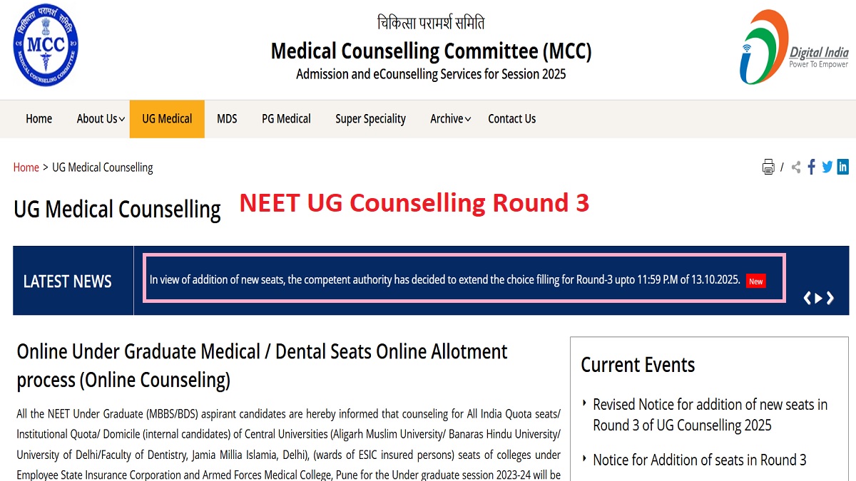 neet ug counselling round 3 mcc extends last date for choice filling till october 13 result to be declared soon