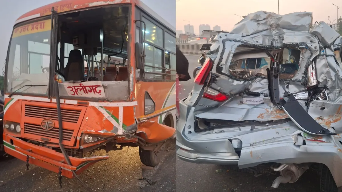 गाजियाबाद में NH-9 पर रोडवेज बस की टक्कर में कार के उड़े परखच्चे, दो युवक थे सवार; बाल-बाल बचे
