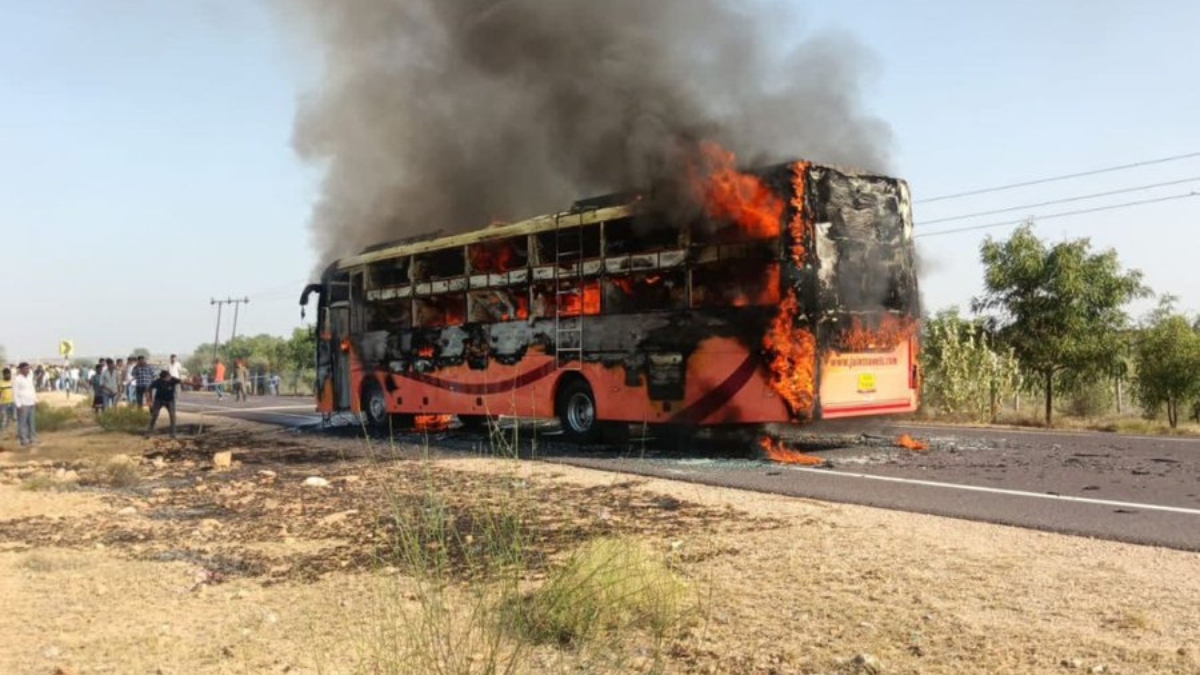 horrific road accident jaisalmer rajasthan moving bus catching fire 10 to 12 people dead