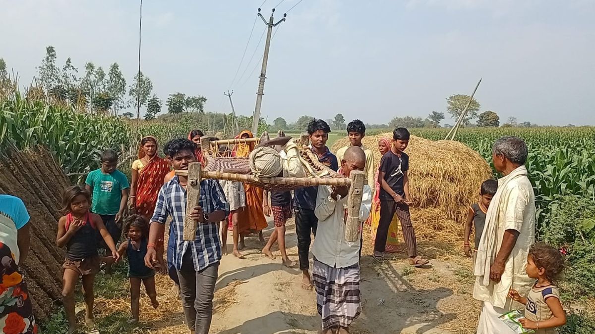 life on footpaths villagers carry patients on cots due to lack of roads