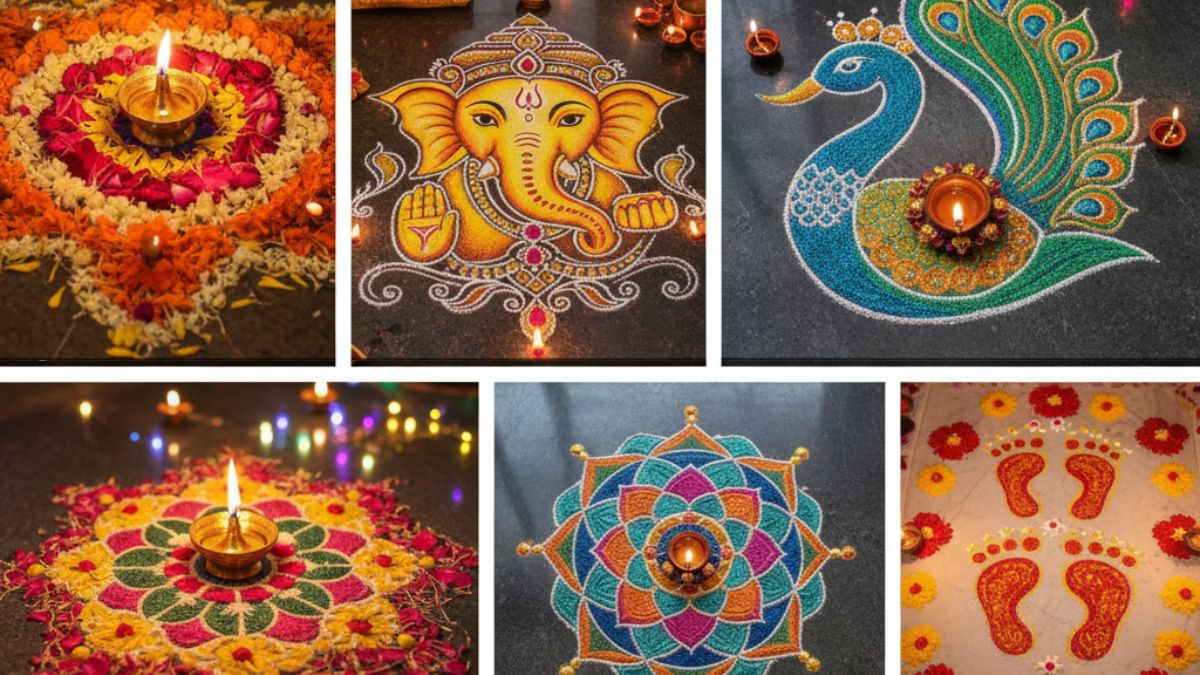 diwali 2025 5 rangoli designs with flower colour and diyas see photos here