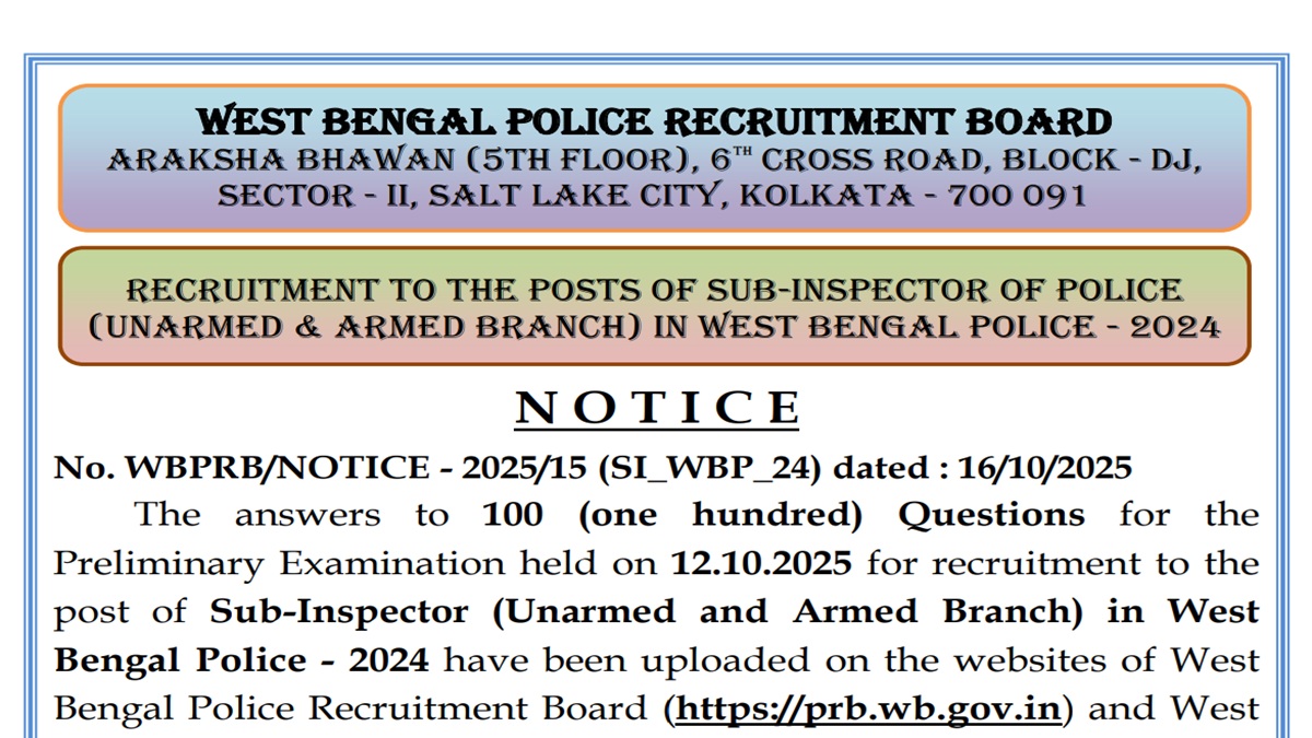 wb police si answer key 2025 released candidate can download the answer key from this prbwbgovin site