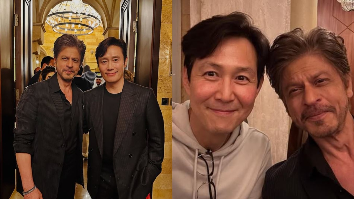 shah rukh khan pose with squid game stars lee jung jae lee byung hun front man and player 456