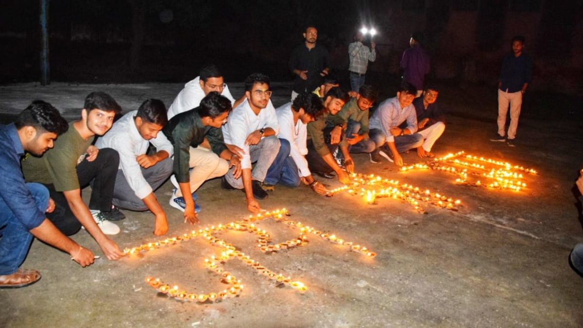 first diwali celebrated at amu jai shri ram written with lamps