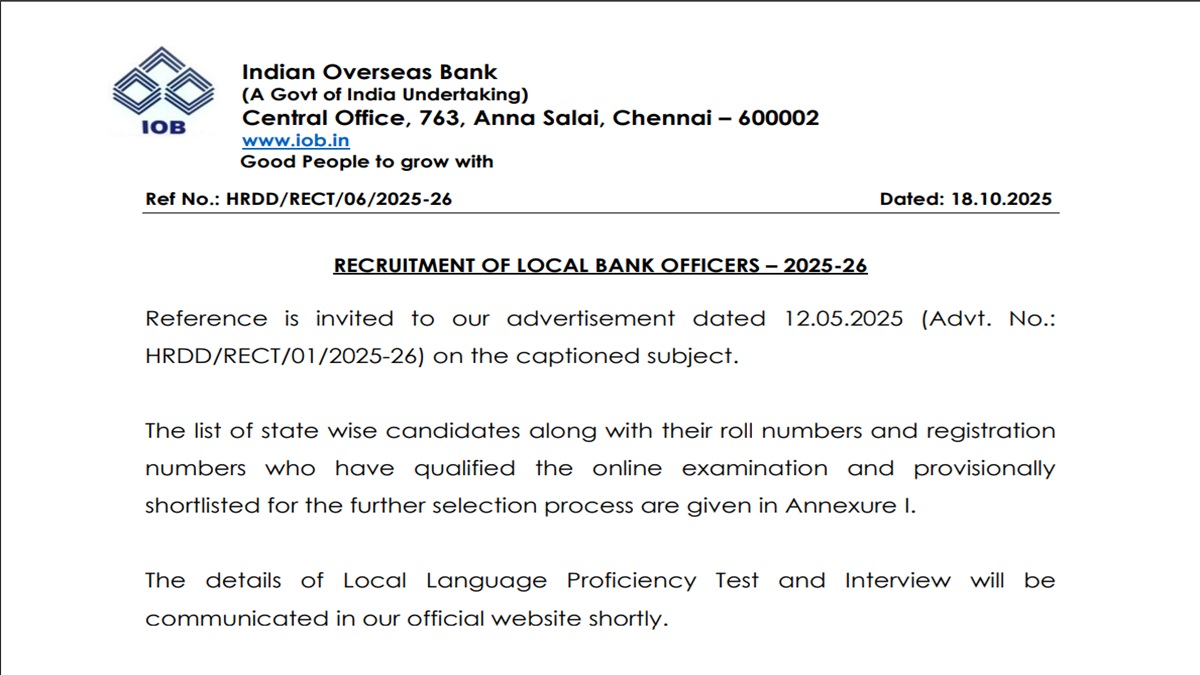iob lbo result 2025 local bank officer result released candidate can download the result with these steps