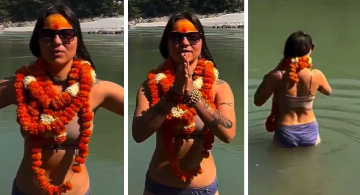 foreign woman ganga dip sparks debate in rishikesh viral video