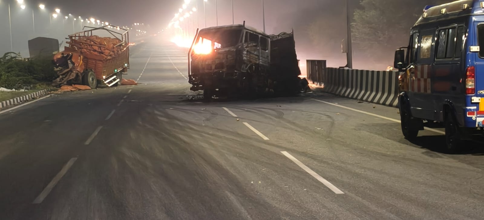 hapur truck fire truck bursts into flames after collision with dcm
