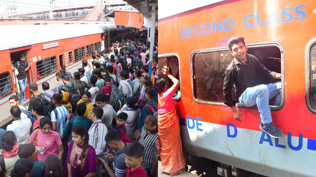 chhath puja travel overcrowded trains passengers hanging from doors