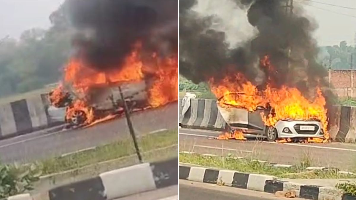 fire in car after double decker car in trap of fire on kisan path lucknow