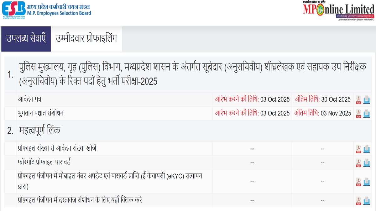 mp police bharti 2025 last date to apply for mp police si subedar posts is near apply soon