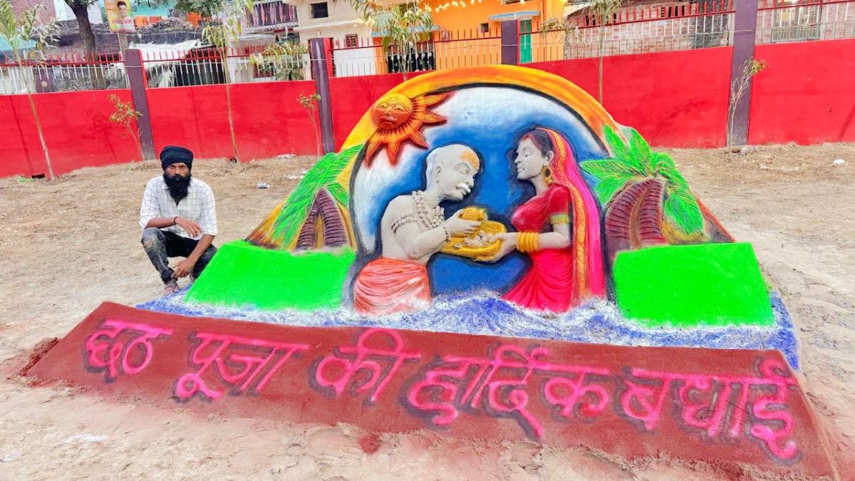 up sand artist depicts chhath puja faith on sand