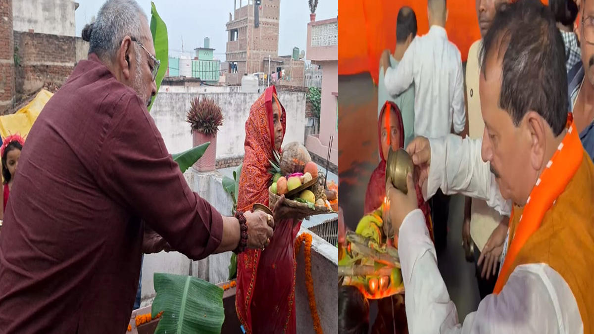 chhath 2025 giriraj singh and vijay sinha offered evening prayers during chhath puja 2025 in barahiya lakhisarai wishing prosperity for bihar