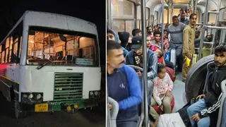 गगल पुलिस थाना के पास तोड़ी गई बस व हमले के बाद सहमी हुई सवारियां। जागरण