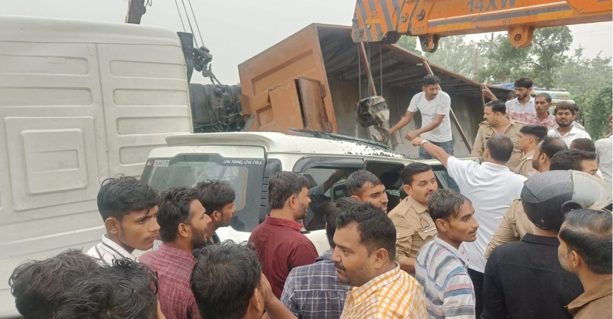 kanpur dehat dumper overturns on bike one people dead