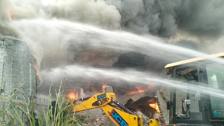 illegal electronics warehouse fire in meerut residential area