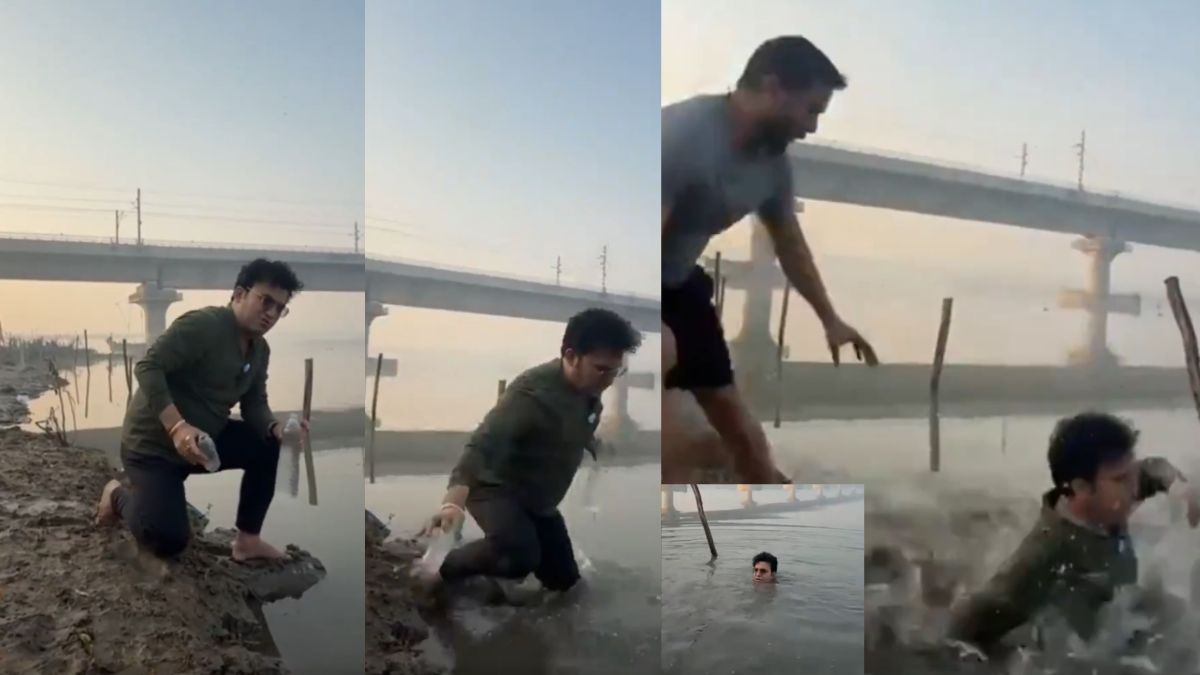 bjp mla falls into yamuna while filming reel aap leader taunts