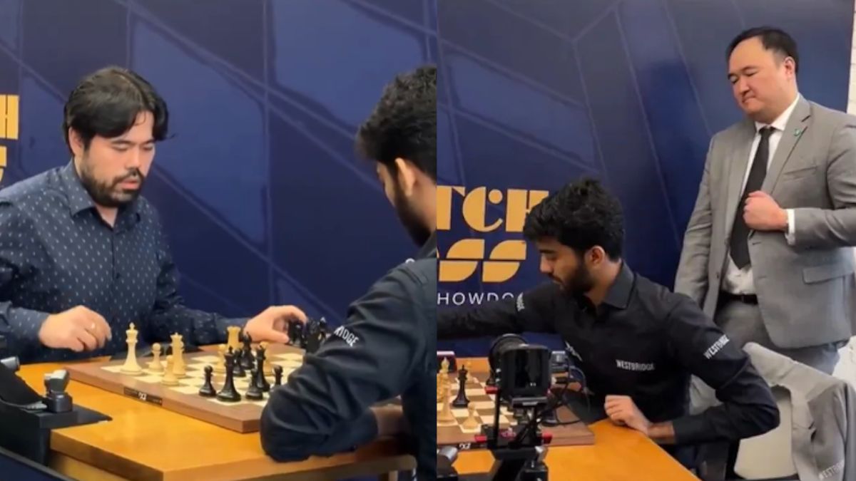 d gukesh video viral after beating king throwing hikaru nakamura