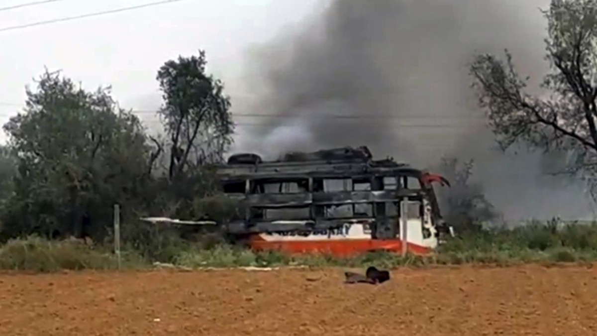 sleeper bus catches fire after touching high tension line in jaipur three dead