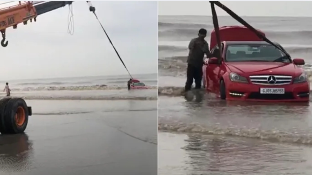 mercedes stuck on dumas beach driver detained in surat