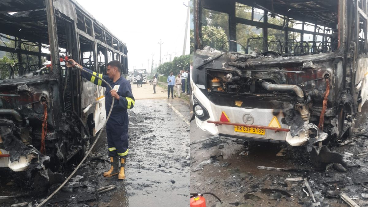 gurugram bus fire driver and conductor escape unhurt