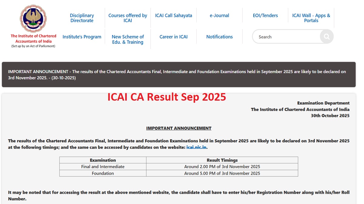 icai ca result sep 2025 ca final intermediate and foundation results to be declared on november 3 official notice released