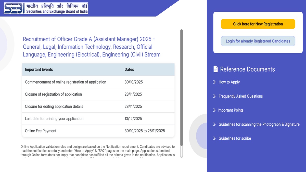 sebi assistant manager recruitment 2025 registration start for assistant manager grade a and candidate can apply soon