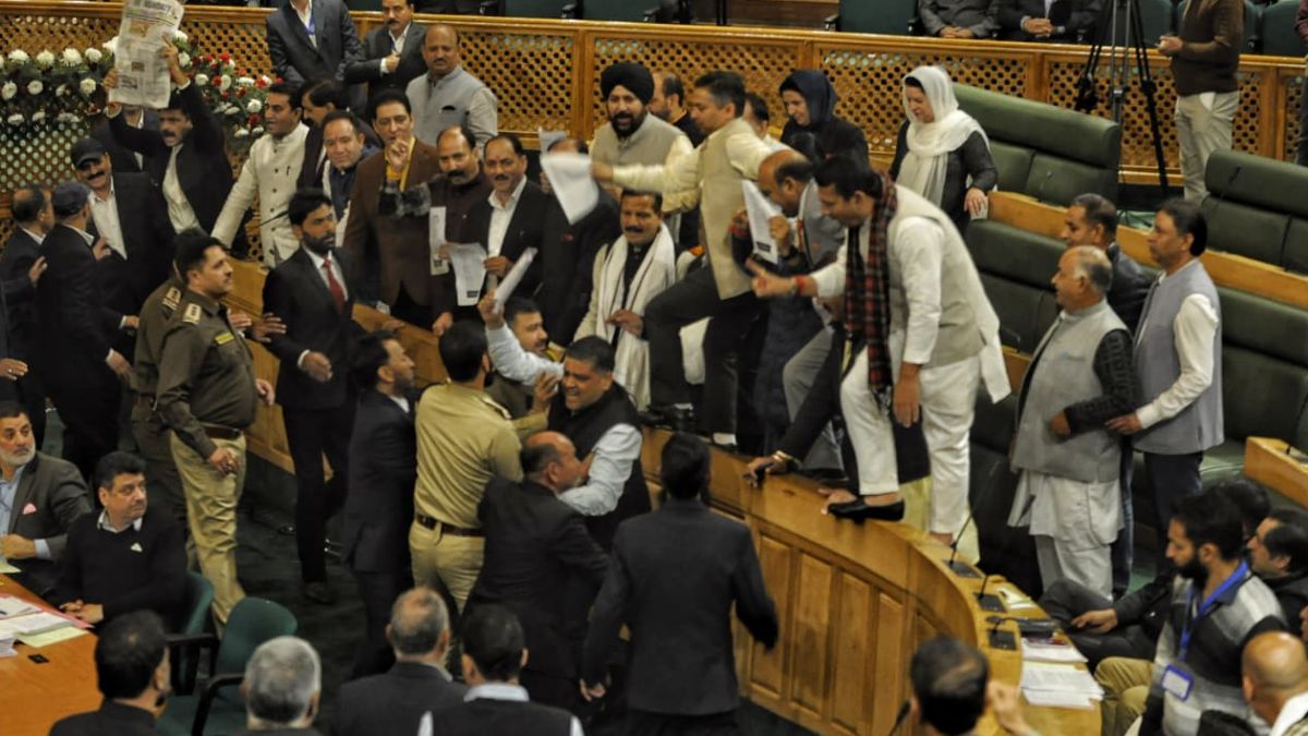 uproar assembly omar government appears to be on the back foot bjp stages walkout