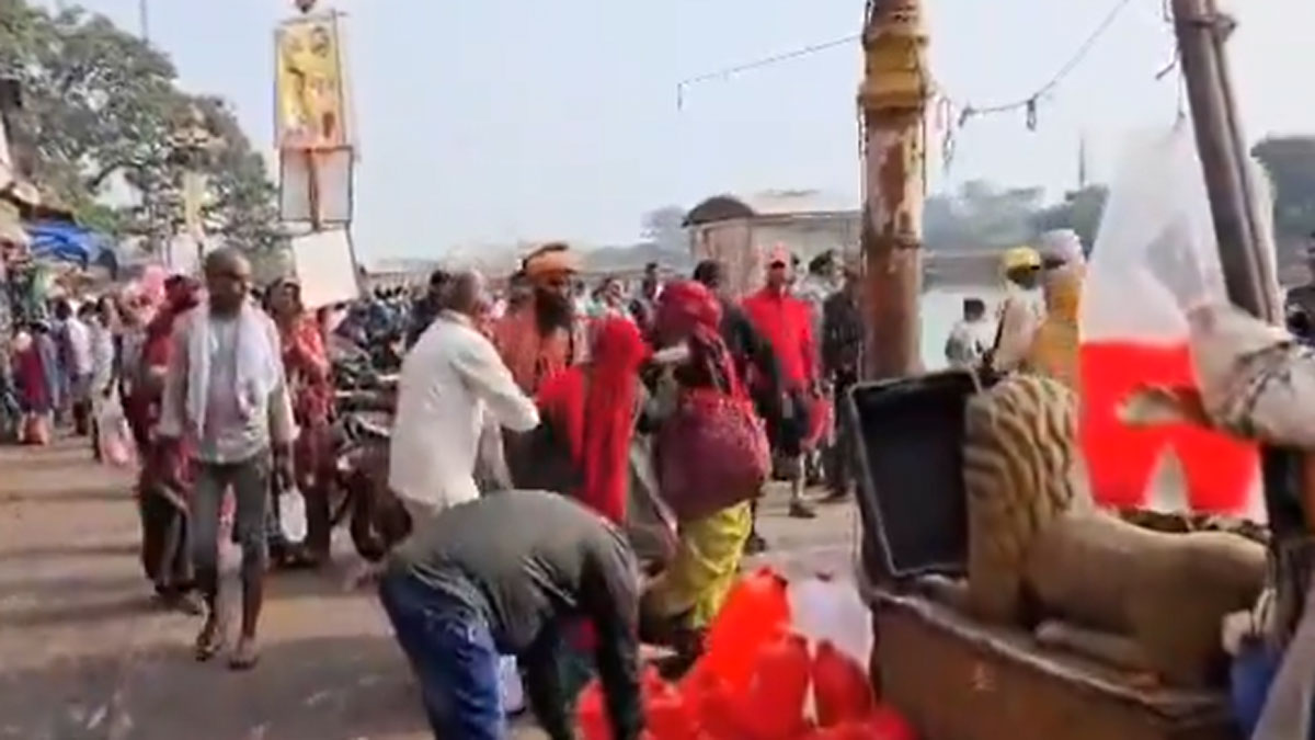 beggars snatching clother with a traveler distributing clothes