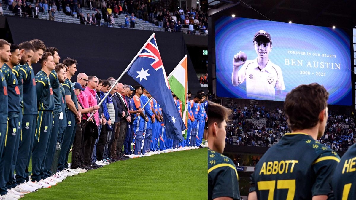 india and australia wearing black arm bands in tribute to ben austin