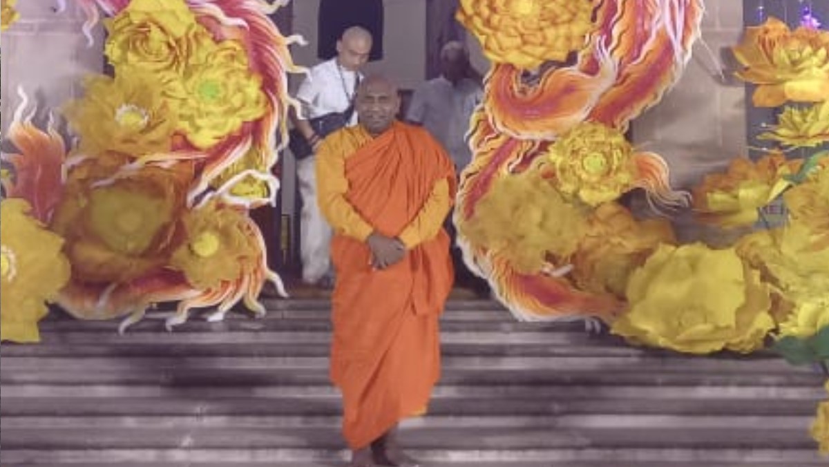 sarnath temple decorated with vietnamese flowers for buddha relic viewing