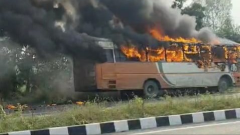 roadways bus catches fire in ambedkar nagar due to short circuit