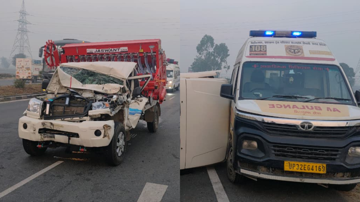 hapur road accident ambulance pickup collision kills biker 4 injured