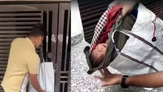जिम के गेट पर टंगा झोला उतारते जिम ओनर व मिली बच्ची।
