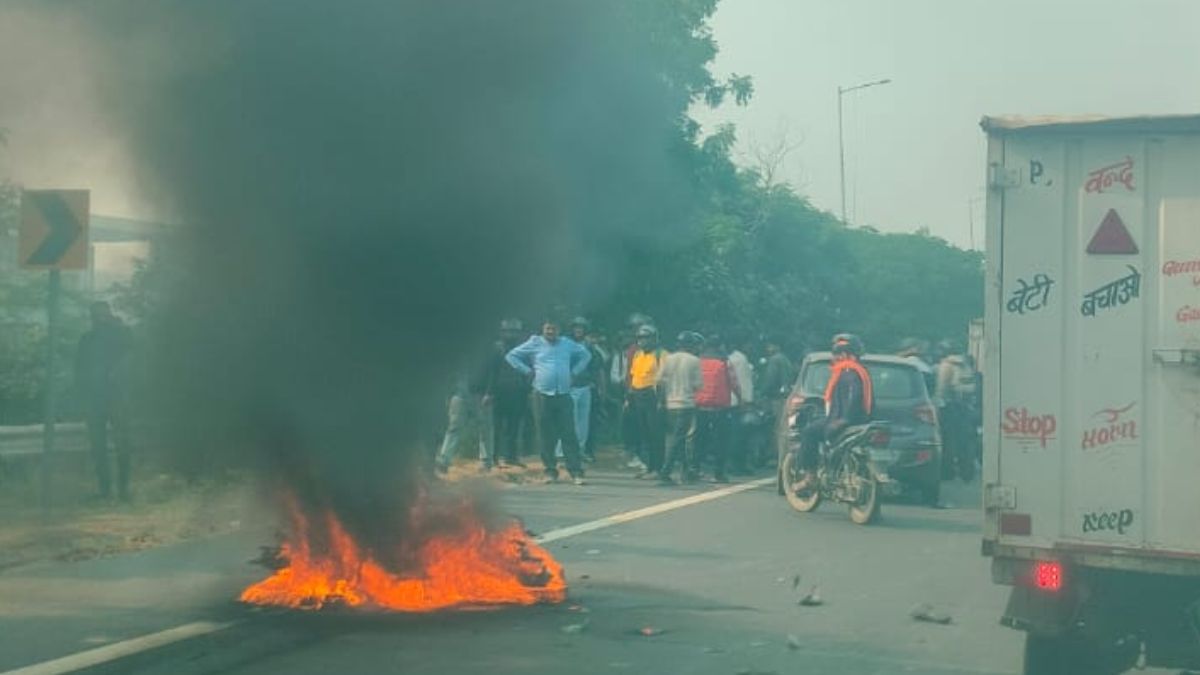 bullet bike catches fire after car collision on noida expressway
