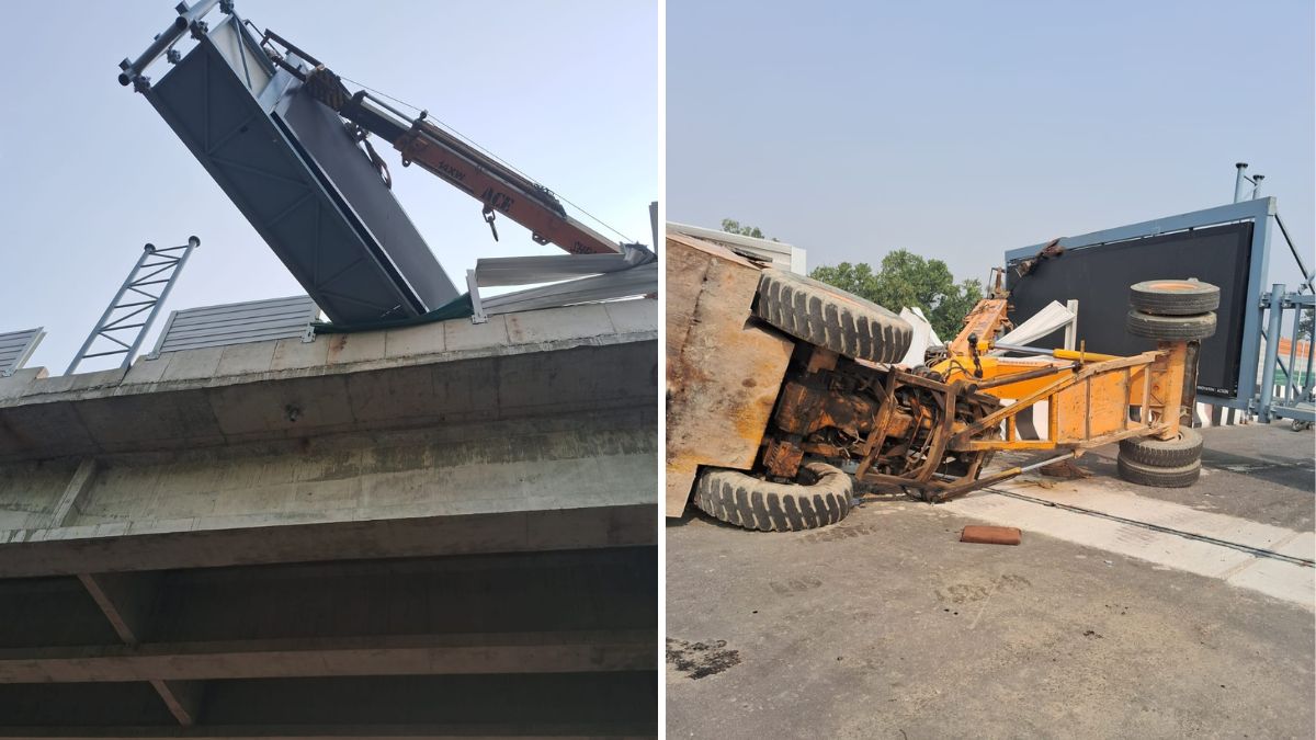 up big mishap avoided in lucknowkanpur crane overturned and hanged from poles of road
