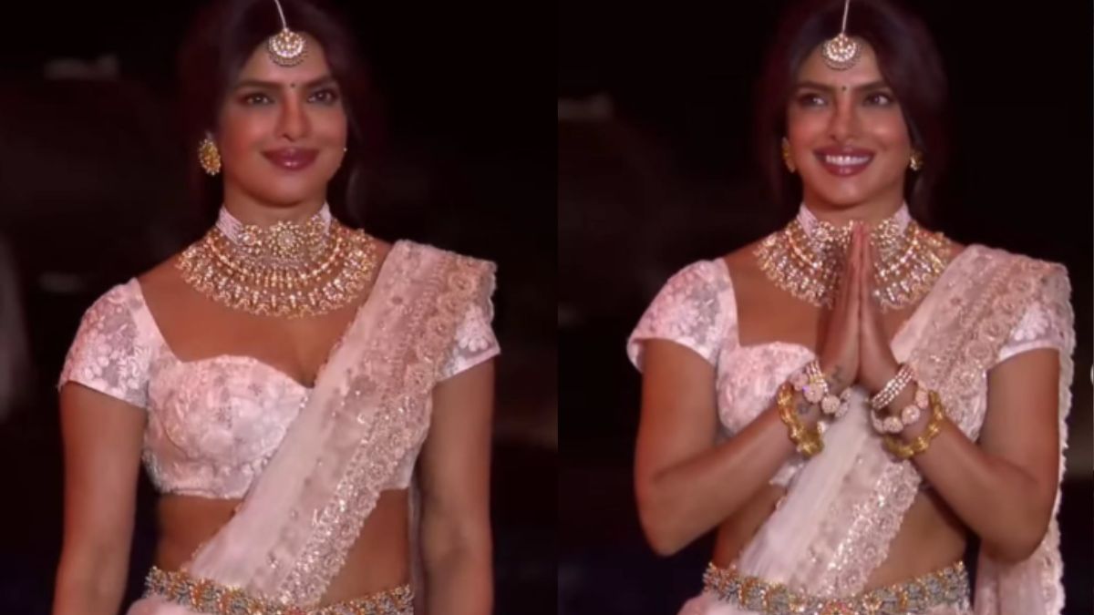 varanasi event priyanka chopra looks like apsara in white saree at globetrotter event ramoji film city