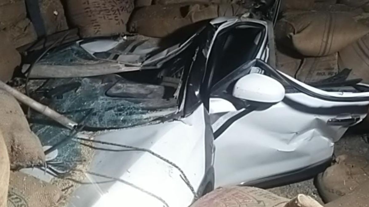 horrific accident on rajpura highway truck loaded with paddy overturns on car car shattered