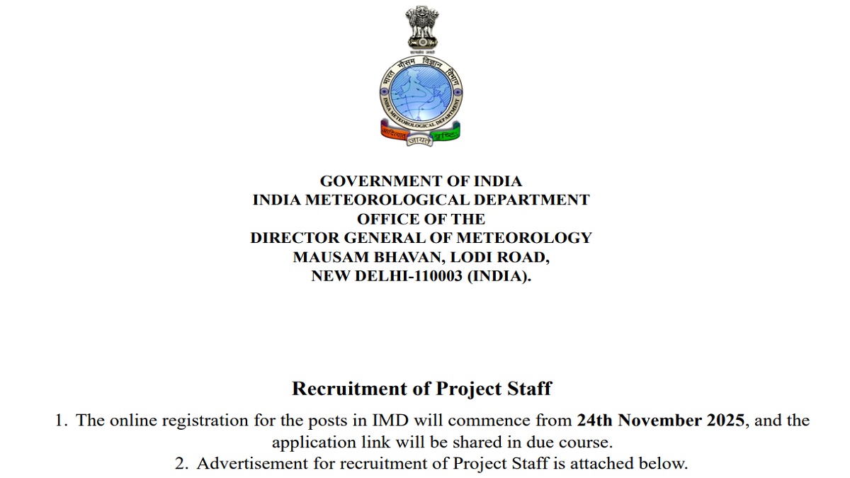 imd recruitment 2025 vacancy for project staff posts in india meteorological department applications will start from november 24